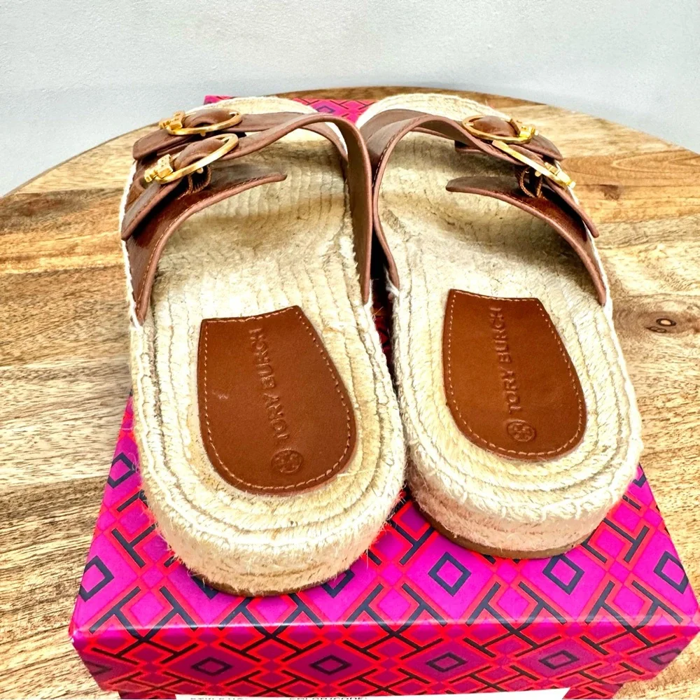 Tory Burch Selby Two Band Espadrille Slide Sandal Waxy Napa Leather Syru…
